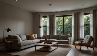 A family room with windows looking out on trees